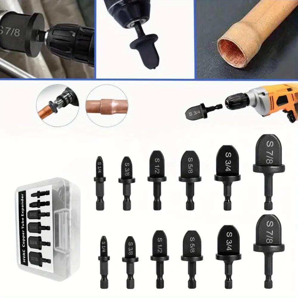 12-Piece HVAC Copper Tube Flaring & Expander Drill Bit Set, Ball Bearing Steel Car Repair Tool with 1/4"-Hexagon Handle, 6 Pipe Sizes (3/4",5/8",1/2",3/8",1/4") for Impact & Power Drills, Air Conditioner Repair