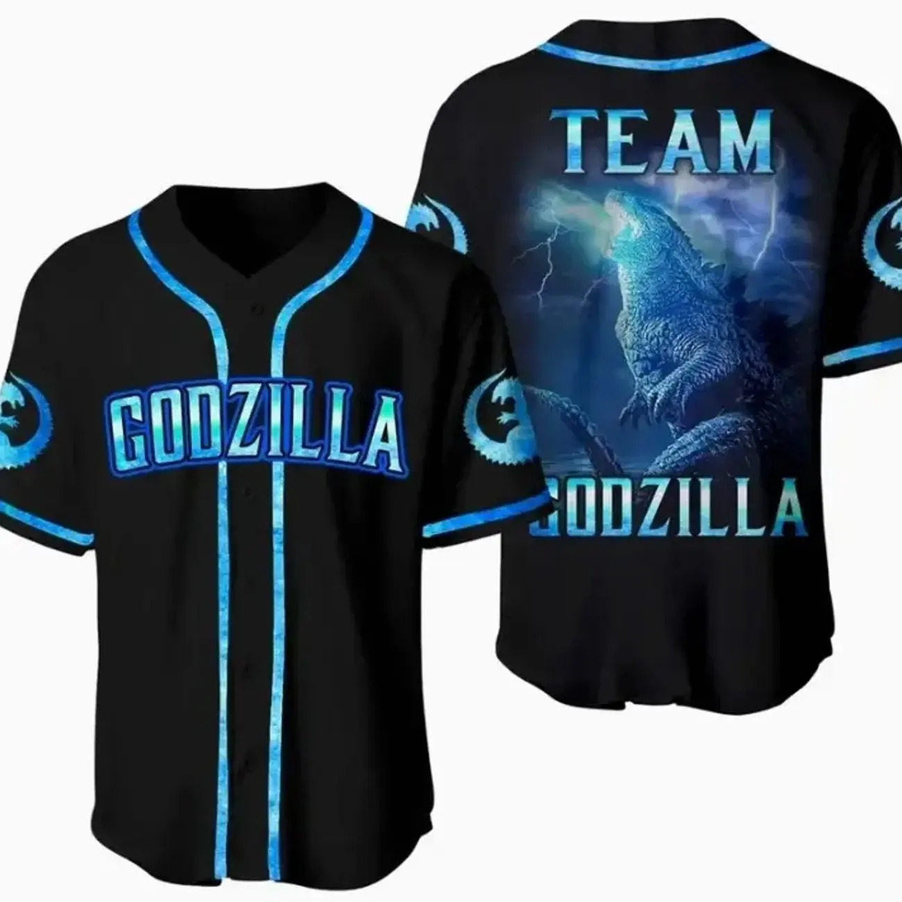 Team Godzilla Baseball Jersey Shirt – Japanese Streetwear Kaiju Graphic, Button-Up Athletic Top, Breathable Fabric, Oversized Fit, Unisex Casual Sports Style