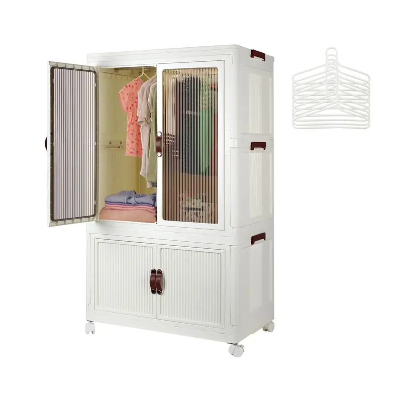 Portable Closet Wardrobe Folding Movable, Large Capacity Dustproof Clothing Storage Cabinet with Hanging Rod & Magnetic Doors, Odourless Durable PP Plastic for Bedroom Dorm Apartment White
