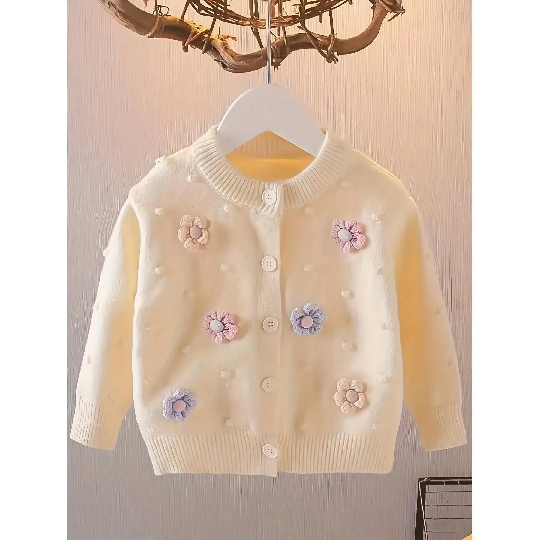 (New) Girls' Embroidered Floral Cardigan Sweater - Soft Knit Jacket, Comfortable Autumn Wear, Versatile Design, Child-Sized, Girly, Lovely Baby Girls' Tops, Child-Sized Girls' Cardigans, Girly Girls' Cardigans