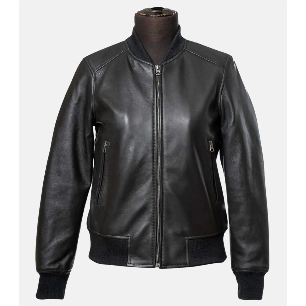 Women's Classic Black Bomber Leather Jacket with Two Pockets