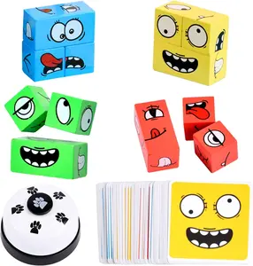Wooden Face Changing Magic Cube Game with Bell, Puzzle Building Expression Pattern Matching Blocks Toy for Kids and Adults