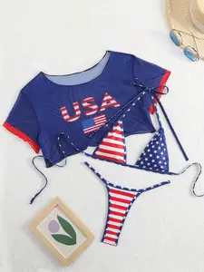 USA Flag Print Triangle Halter Bikini Set,Women's Blue And White Striped Beach Outfit,Independence Day,Summer,Gay,Holiday,Pool Party Cover-Up