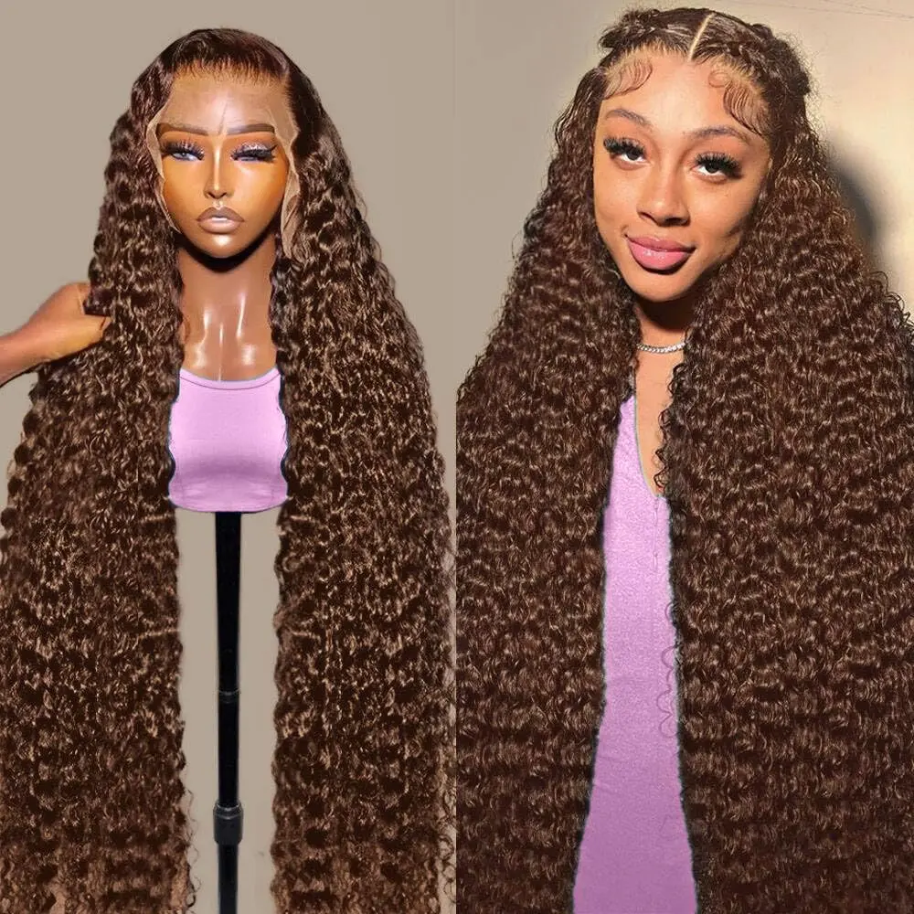 Chocolate Brown Deep Wave Lace Front Wigs Human Hair 200 Density 13x6 HD Lace Frontal Wigs Human Hair Pre Plucked Deep Curly Brown Glueless Wigs Human Hair for real human hair