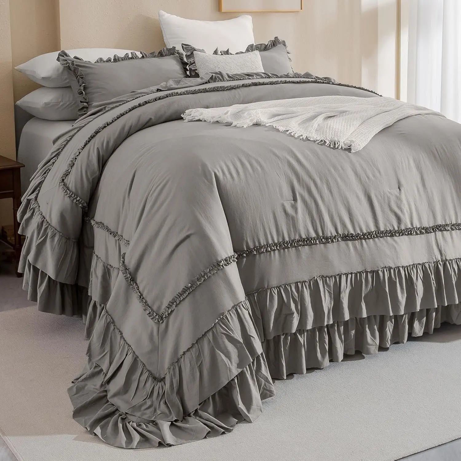 Grey  California  Ruffled Bed Comforter Set 128x120, Farmhouse  Chic Comforter Set Gray  Country Bedding Comforter Soft Microfiber Fluffy Bedding 3 count