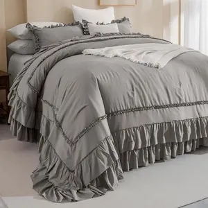Grey  California  Ruffled Bed Comforter Set 128x120, Farmhouse  Chic Comforter Set Gray  Country Bedding Comforter Soft Microfiber Fluffy Bedding 3 count