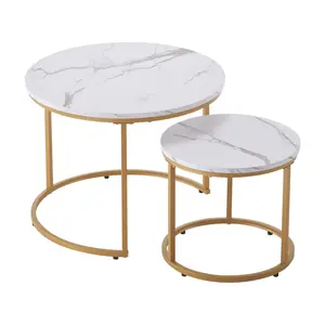 VEVOR Nesting Coffee Table Set of 2, 23.6 in Round Coffee Table, Nesting Tables for Small Place, Vintage End Side Tables Night Stand with Metal Frame, for Living Room, Bedroom, Office (White & Gold)