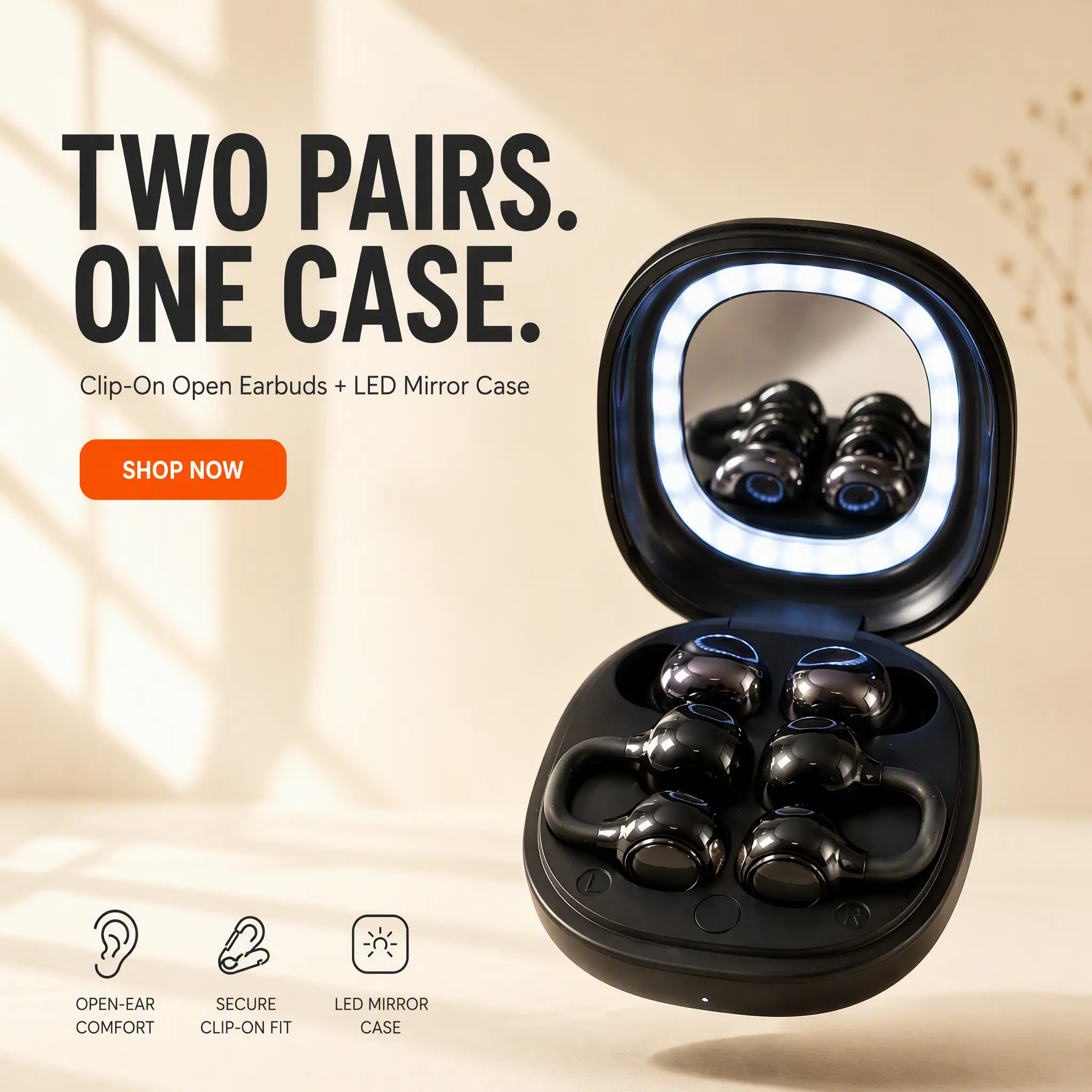 FLUFFDRIP M165 2-in-1 True Wireless Earbuds, Dual Design Ear Clip Open Ear Headphones & Ultra-Thin Mini Sleep In-Ear Earphones, Portable Charging Case with Built-in LED Lighted Makeup Mirror for Daily, Travel, Workout & Sleeping wireless earphone noise