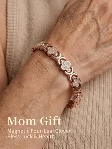 Mother's Day Gift, Pure Copper Magnetic Bracelet for Women, Flower Design Bracelet, 3500 Gauss Effective Magnet, Rhinestone Inlay Rose Gold Four-Leaf Clover Bangle, Elastic Adjustable Stackable Fashion Jewelry, Perfect Gift