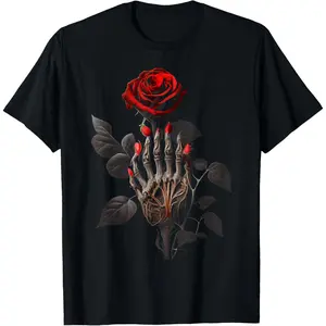 Gothic Rose Skeleton Hand Dark Academia Aesthetic Halloween T-Shirt        Graphic tees Casual Shortsleeve