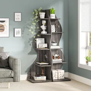 LustreC Corner Shelf, Modern 5-Tier Wall Corner Bookshelf, Stylish Corner Small Bookcase Storage Rack Plant Stand with Unique Shape for Living Room, Home Office (Grey, 2PCS/1pcs)