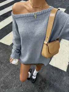 Women's Vintage Blue Sexy Off-Shoulder Knit Top, Spring & Fall Casual Loose Fit Sweater, Fashionable Inner Wear Outerwear, Knit Sweater Clothing