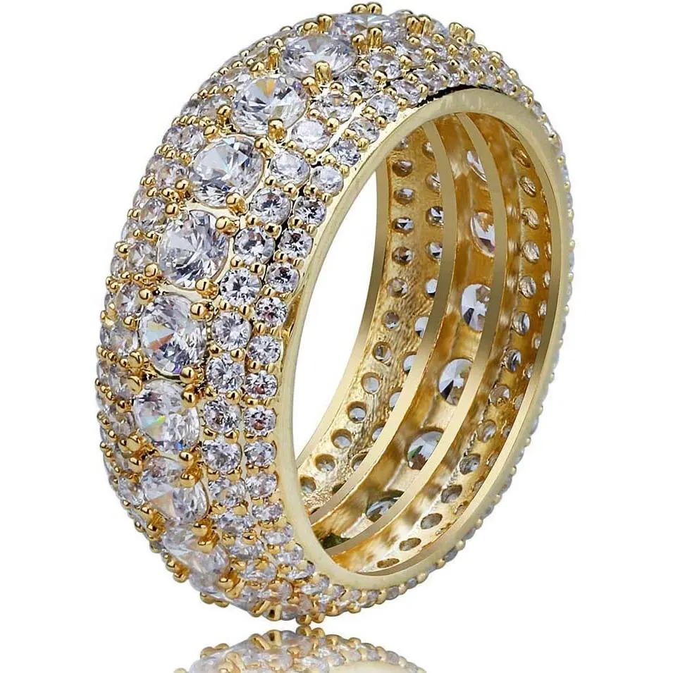 10MM Diamond Rings For Men 14K Gold Plated 5A+ Cubic Zirconia Iced Out Anniversary Bling Silver Band Pinky Mens Rings Fashion