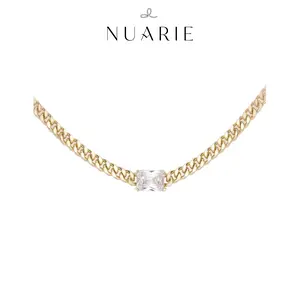NUARIE Shining Cubic Zirconia Cuban Chain Necklace for Women Gold Plated Elegant Square Pendant Collarbone Chain Trendy Layering Jewelry Gift artificial zircon jewelry necklace metal Modern Versatile Accessories