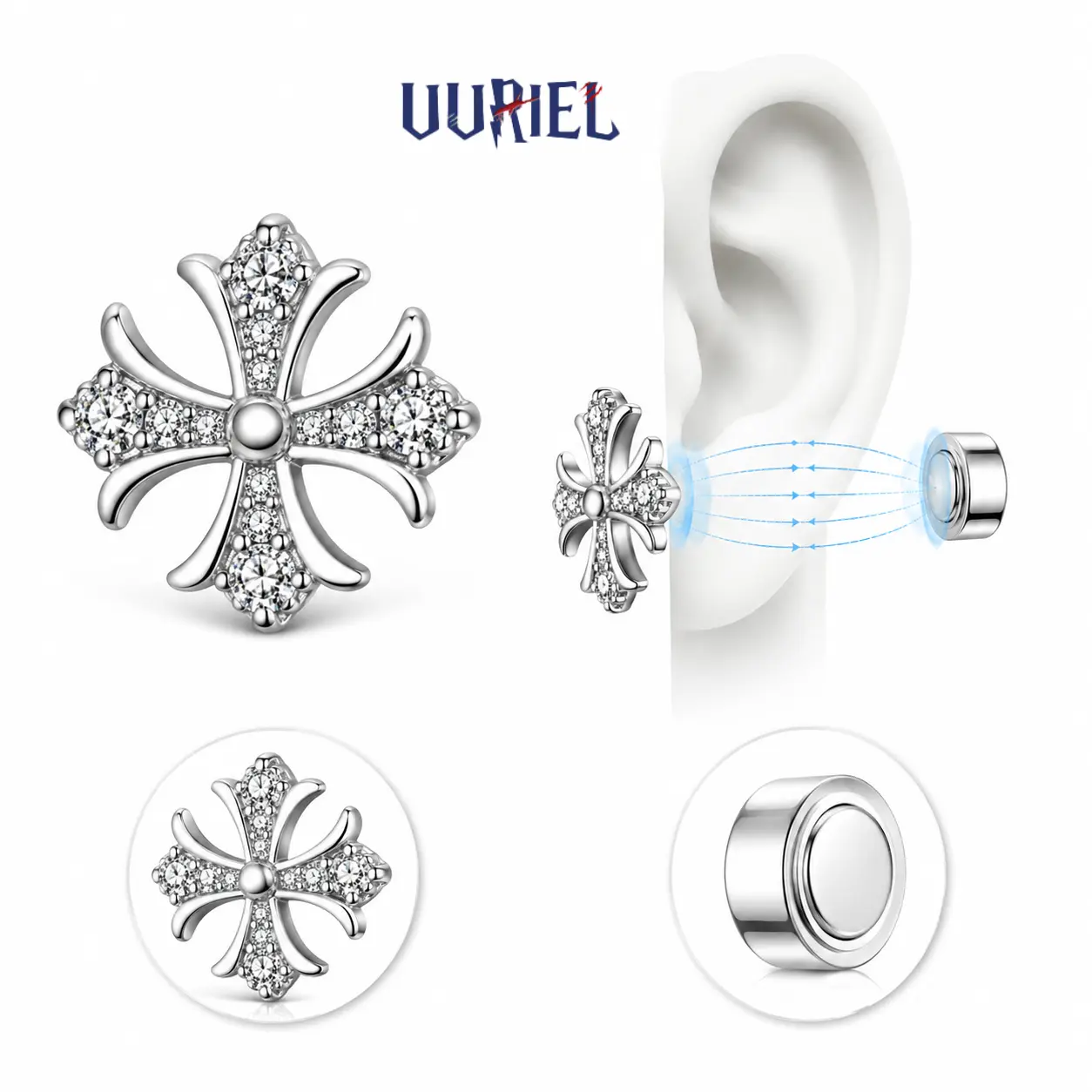 UURiel Magnetic Stud Earrings for Men Women, No Piercing Silver Cross Earrings with 5A Cubic Zirconia, Strong Magnetic Back, Waterproof Unisex Hip Hop Jewelry Gift