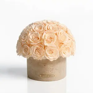 Minoan Homey Champagne & Ivory Preserved Roses 36 Flowers Travertine Series terre travertine Vase Stone Decor