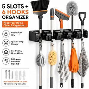 Broom Holder Wall Mount, 5 Slots 6 Hooks Mop and Broom Organizer, Heavy Duty Tool Rack for Garage, Kitchen & Laundry Room, Anti-Slip Grip Home Storage, Drill-Mount Hardware or Self-Adhesive No-Drill Mop Gripper, Holds Up to 30 lb