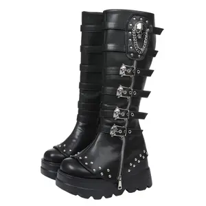Black Platform Goth Knee High Boots for Women Wide Foot Friendly us6-12 size Studded Wide Mid Calf Combat Punk Boots Wide Foot Friendly Round Toe Skull Chain Buckle Chunky Heel Back Zipper Thick Sole Booties