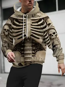 Trendy Skull 3D Hoodie, Full Print Hooded Sweatshirt, 3D Skeleton Pattern, Loose Fit, Street Style, Fall & Winter, Must-Have Dark Fashion