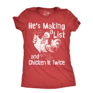 Womens Hes Making A List and Chicken It Twice T Shirt Funny Xmas Rooster Santa Joke Tee for Ladies Funny Womens T Shirts Cute Vintage Fashion Casual Ladies T-Shirt Gift Christmas Tops for Women Funny Animal Top Red -