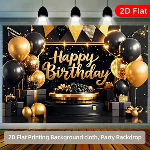 2D flat 1pc black gold birthday background cloth, black background with gold "Happy Birthday" word art, gift box and starlight elements, suitable for birthday parties, black gold themed parties, anniversary events, multiple sizes available, polyester birt