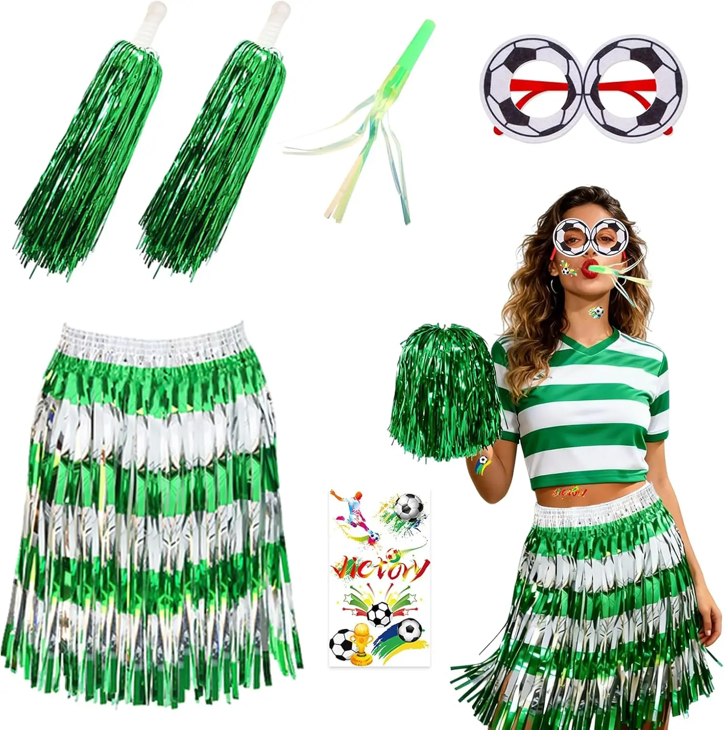 Green Football Cheerleader Costume Set for Women, Sports Fan Party Outfit with Pom Poms, Fringe Grass Skirt, Novelty Glasses and Temporary Tattoos, Game Day Spirit Wear, Stadium Fan Accessories, Team Support Costume for Parties, Events and Festivals