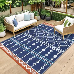 GARVEE Outdoor Rug, 9x12 FT Reversible Plastic Camping Rugs, Large Waterproof Floor Mat and Rug for Outdoors, Outside Carpet for Rv, Deck, Camper, Picnic, Blue & Red