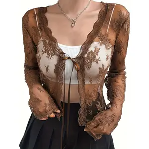 Y2k Lace Mesh Cardigan See-through Long Sleeve Top Front Short Vintage Transparent Blouse