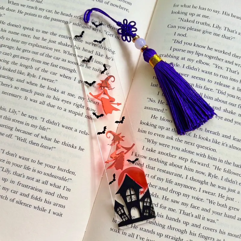 Holographic Witch Acrylic Bookmark with Purple Tassel and Halloween Design for Book Lovers