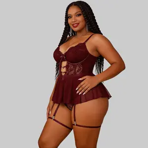 Shinyyep Women's Plus Size Teddy Lingerie Sets Nightgown Sleepwear with Garter Cut Out Floral Lace Exotic Lingerie Bodysuit