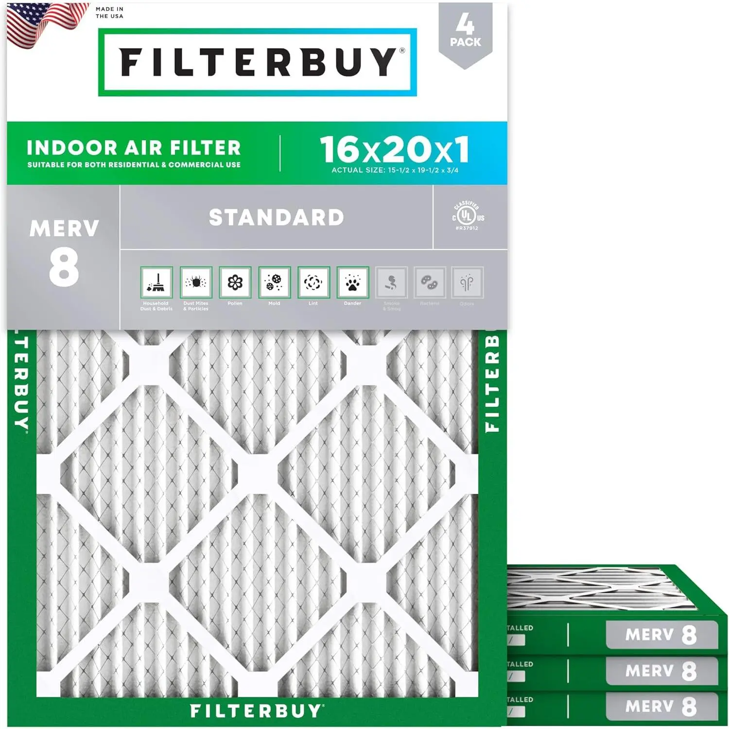 Filterbuy 16x20x1 Replacement HVAC AC Furnace Air Filter (4-Pack Value), Pleated MERV 8 Dust Defense (Actual Size: 15.50x19.50x0.75 Inches)
