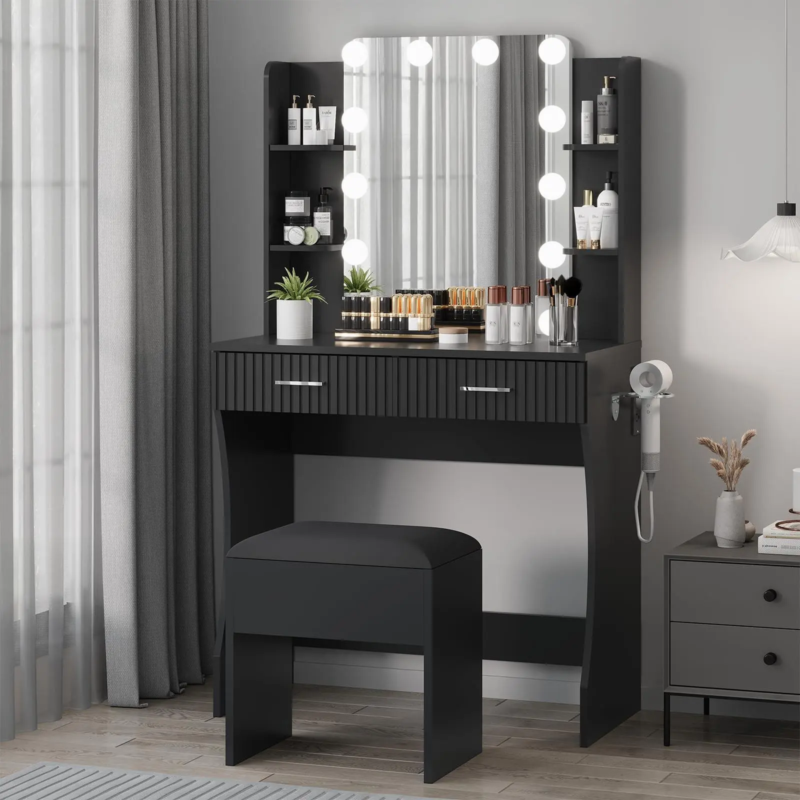 Gaomon Glam Vanity Table with 12 LED Lights, Large Mirror, 4 Drawers, 2 Shelves, Built-In Charging Station, Wave Texture & Durable Design – Black Makeup Table Vanity for Bedroom