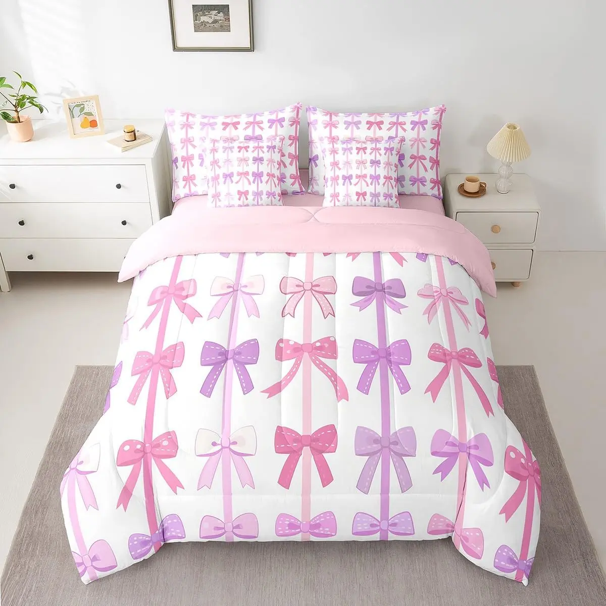 Feelyou Kids' 7-Piece Microfiber Bedding Set - Cozy Setup for Dream Room, Blanket for Daughters with Pink Bowknot Quilt, Breathable Bedsheets, Purple Bed-in-a-Bag, Western Home Decor, Geometric & Animal Prints, Durable Machine-Washable Textile