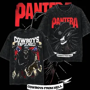 [$$$ROCKLIFE] Pantera Cowboys From Hell Retro Unisex Acid Washed Hoodie T-Shirt – 90s Records Rock Groove Metal Cotton Washed Tee, Groove Metal Rock Band Washed Shirt, Oversized Vintage Tee, Heavy Metal Merch, Gift for Rock Fans 4FL