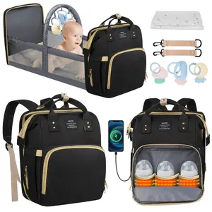 Diaper Bag Backpack, Multifunctional Baby Changing Bag with Foldable Crib & Insulated Milk Bottle Pockets, Large Capacity Portable Travel Backpack with USB Charging Port, Nappy Bag for Moms Dads