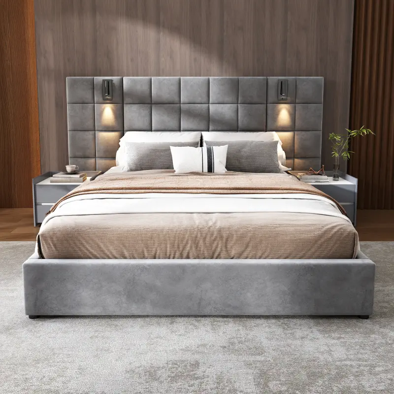 Bellemave Velvet Upholstered Queen Size Bed Frame - Wide Headboard, Reading Lamp, USB Port, Slat Support, Quick Minimal Assembly, 92x85x45.5in, No Bedside Tables - Modern Bedroom Furniture