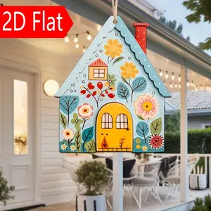 Wooden Cartoon House Sign, Minimalist Style, Hand-Drawn Floral Flower Wall Decor, Indoor Home Decoration, Bedroom, Living Room, Office, Coffee Shop