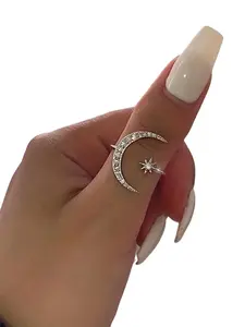 Women's Elegant Rhinestone Decorated Moon & Star Design Ring, Exquisite Trendy Elegant Everyday Ring for Daily Use, Fashionable Jewelry for Women As Gift, Vintage Rings