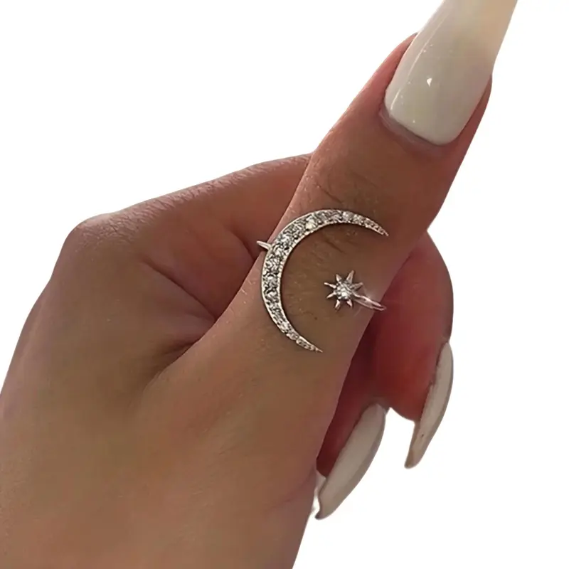 Women's Elegant Rhinestone Decorated Moon & Star Design Ring, Exquisite Trendy Elegant Everyday Ring for Daily Use, Fashionable Jewelry for Women As Gift, Vintage Rings