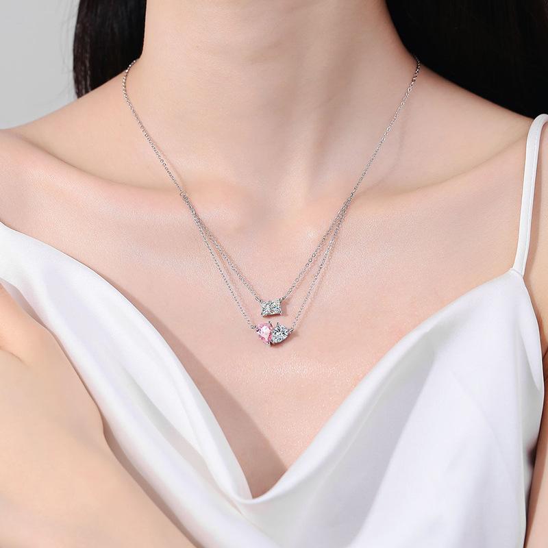 925 Romantic Love Necklace, Sparkling Lab Grown Diamond Pendant, Heart and Square 5A CZ Design, Elegant and Stylish Chain Jewelry for Women, Perfect Gift for Lover, Girls, Memorial Day Valentine's Day Gifts, with Rose Gift Box