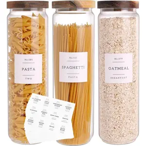 3 Set Glass Pantry Storage Jars with Acacia Airtight Lid - 50oz Thicken Glass Kitchen Canisters with 132 Pantry Labels - Tall Glass  Storage Containers with  Lid for Pasta,Spaghetti,Cereal