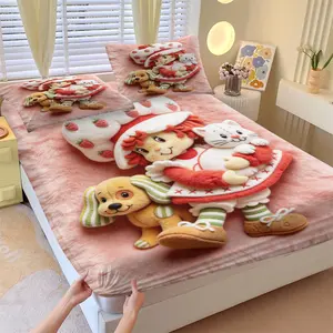 3-piece strawberry girl patterned bed sheet set, including 1 bed sheet and 2 pillowcases, anti slip dust cover suitable for bedrooms, suitable for adult holiday gifts, giving to friends, giving to lovers