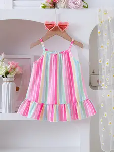 Baby Girl Dress Set Rainbow Striped Halter Neck, Block Design, Sleeveless Summer for 0-3 Years Old Baby Clothing Baby Girl Clothes