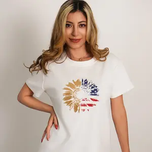 Embroidered Half Flag Half Sunflower Tshirt, Summer Tshirt, Casual Short Sleeve Tshirt, Embroidered Tshirt, Embroidered USA Flag Tshirt, USA Tee, Comfortable Tshirt