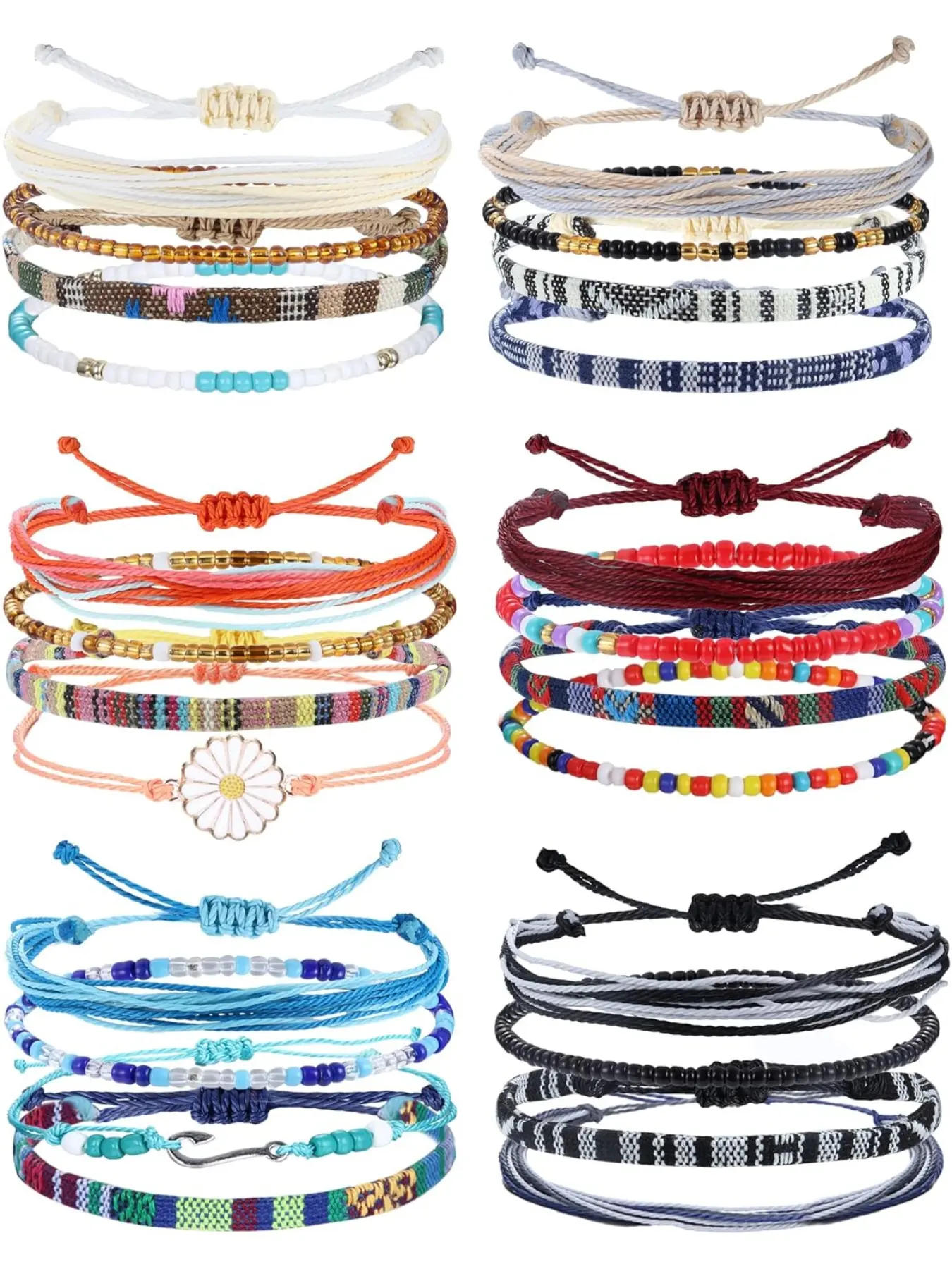 24 Pieces Waterproof String Beaded Bracelets for Women, Surfer Wave Boho Style, Adjustable Handmade Friendship Jewelry, Beaded Bracelet Set, Beaded Bracelet Pack, Bracelet Bundle, All Seasons Wear
