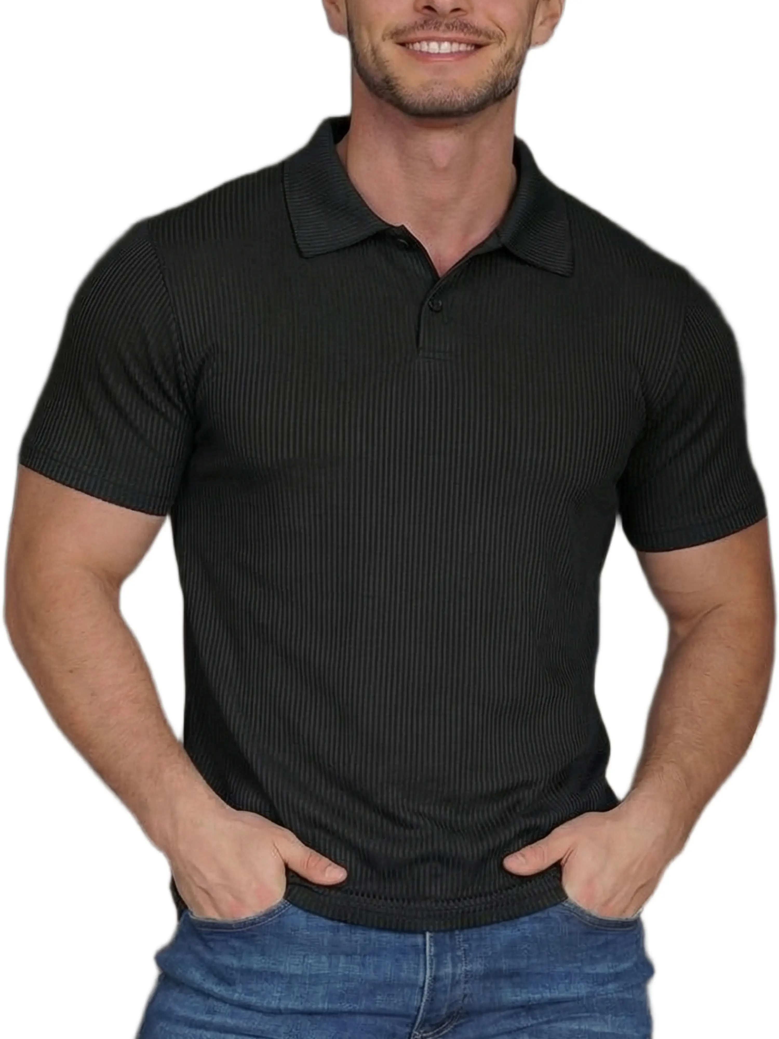 MUSCLE CMDR Men's Slim-Fit Knitted Polo Shirt, Breathable Short Sleeve Ribbed V-Neck Top for Smart Casual Wear & Golf, Fathersdaygift, Fitted Shirt, Ribbed Polo, Mens Clothing, Smart Casual Style, Cool Knit, Fabric, Dating, Button, Chic, Office Work, Part