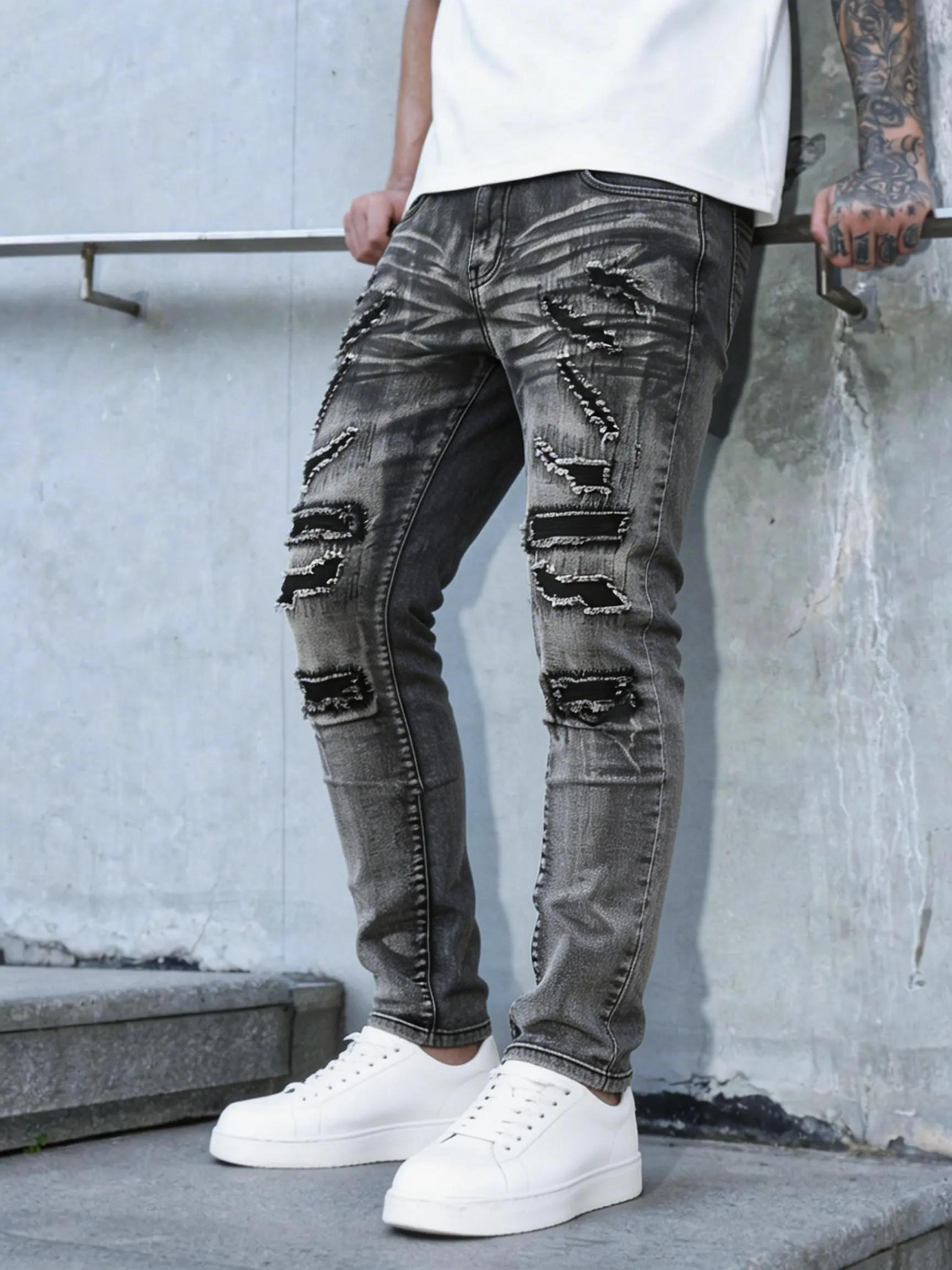 Men's Slim Fit Distressed Gray Ripped Denim Jeans - Button Fly, Lightweight, Pocketed Casual Streetwear Trousers