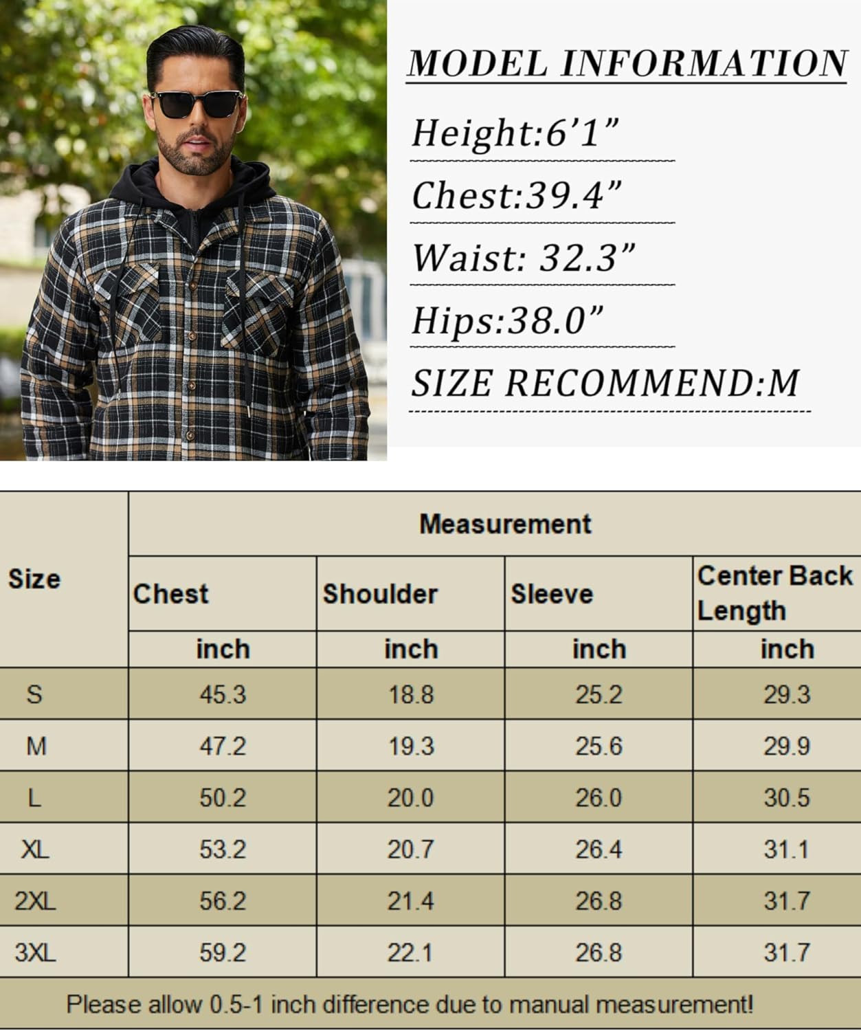 COOFANDY Men's Quilted Lined Flannel Shirt Jacket with Hood Long Sleeve Plaid Shirt Jacket