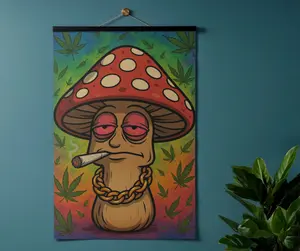 Trippie Hippie Mushroom Cartoon Satin Poster | Psychedelic Cannabis Art