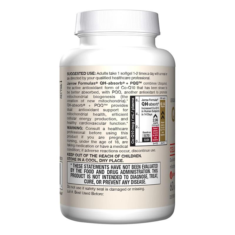 Jarrow Formulas QH-absorb + PQQ, Dietary Supplement, Antioxidant Support for Mitochondrial Biogenesis, Cellular Energy Production and Cardiovascular Health, 60 Softgels, 60 Day Supply